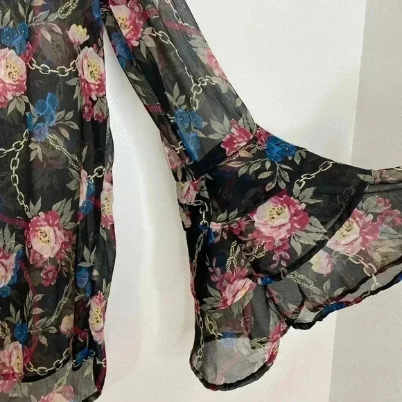 Seven7 Floral Black Ruffle Sheer Button Down Blouse - Picture 4 of 6